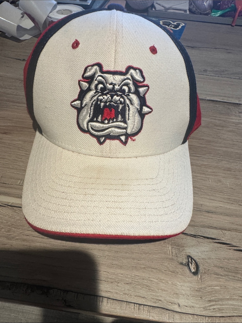 Zephyr White and Red Bulldog Trucker Hat with Embroidered Logo